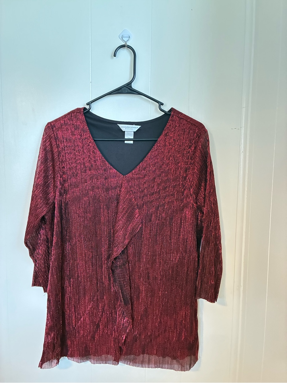 Women's V-Neck Metallic Pleated Tunic in Wine Red